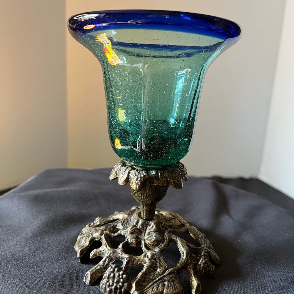 Vintage Reed & Barton Blue and Green Glass Vase/Candle Holder